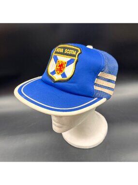 Vintage Three Stripe Snapback Hat Nova Scotia Trucker Cap Embroidered Patch Blue